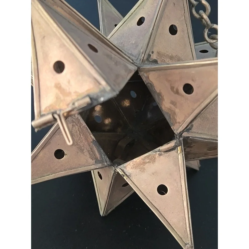 Vtg. Moravian Star Pierced Metal Votive Candle Pendant Hanging Light 6